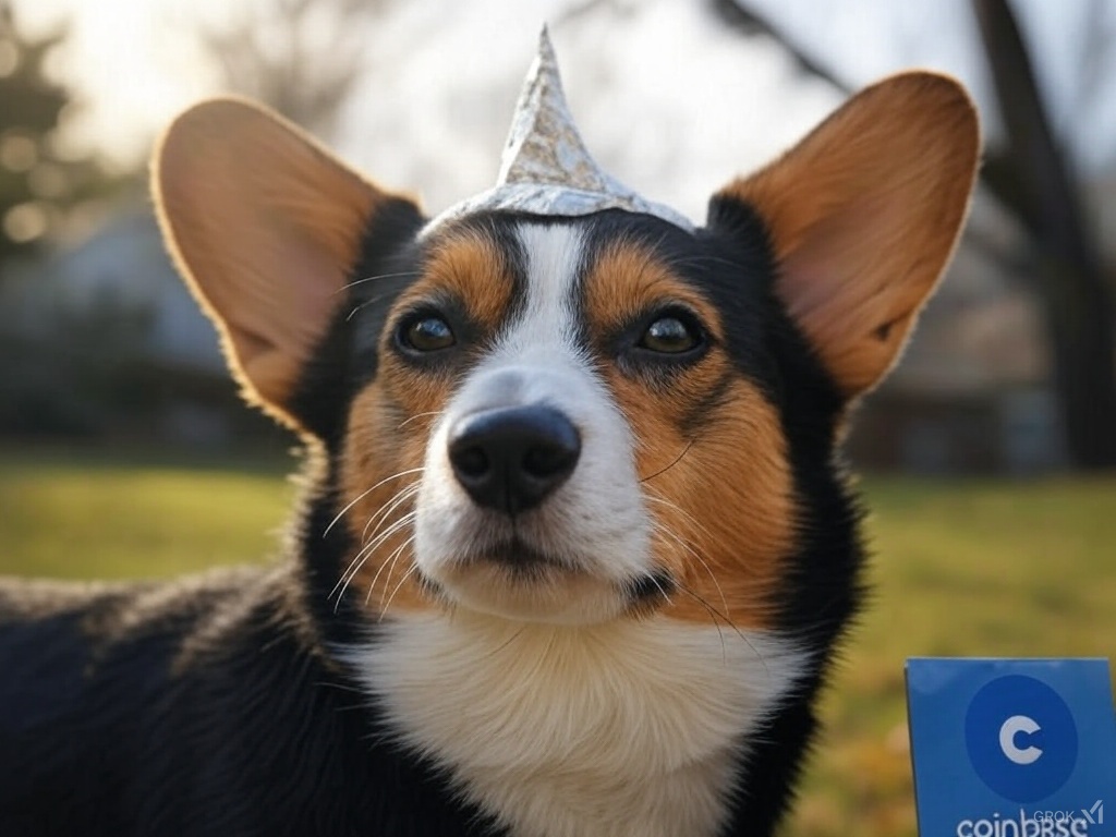 Conspiracy Corgi exploring cryptocurrency with Coinbase