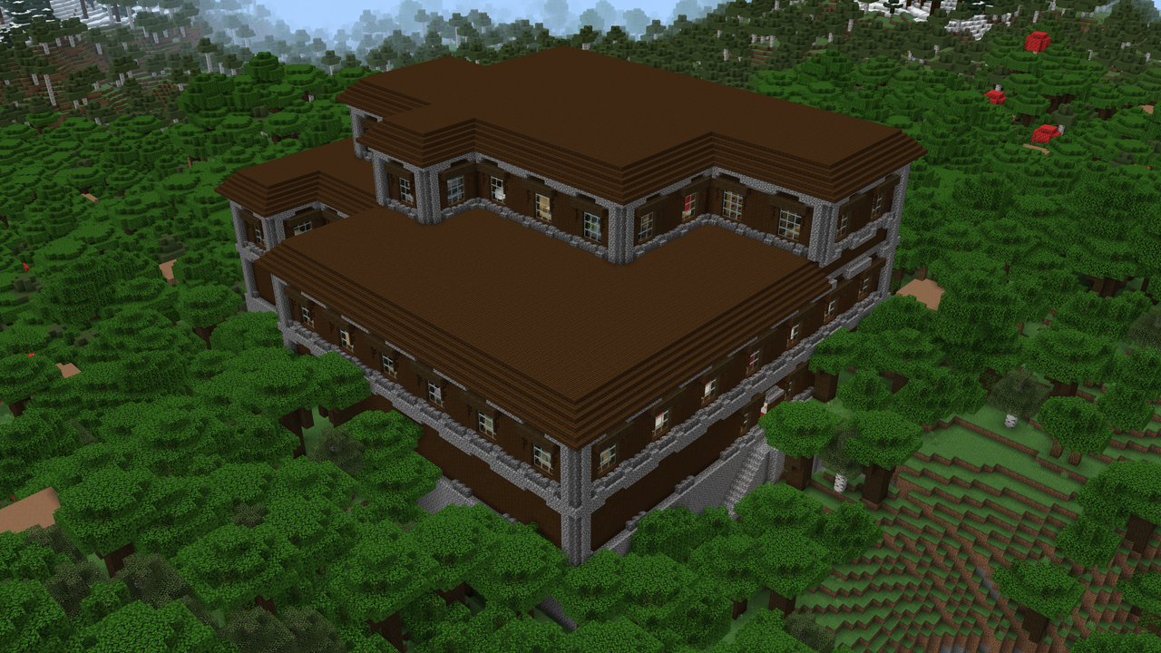 Aerial view of a Woodland Mansion surrounded by dark oak forest in Minecraft seed 8638613833825887773