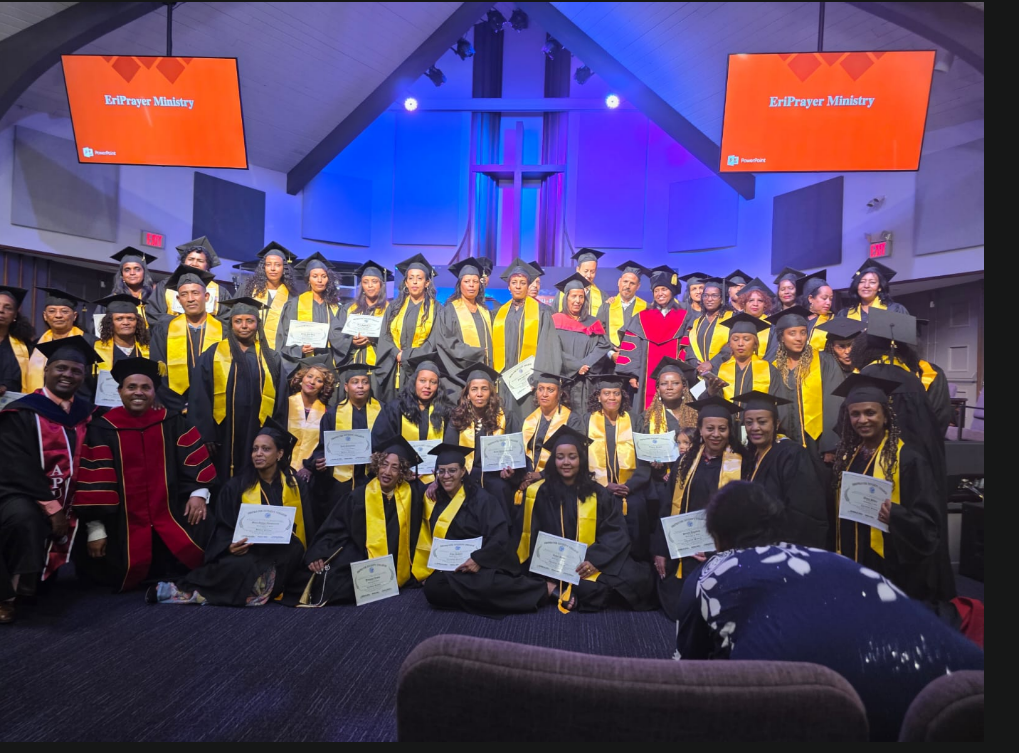 Eriprayer Ministry Bible College graduation ceremony with 50+ graduates in academic regalia