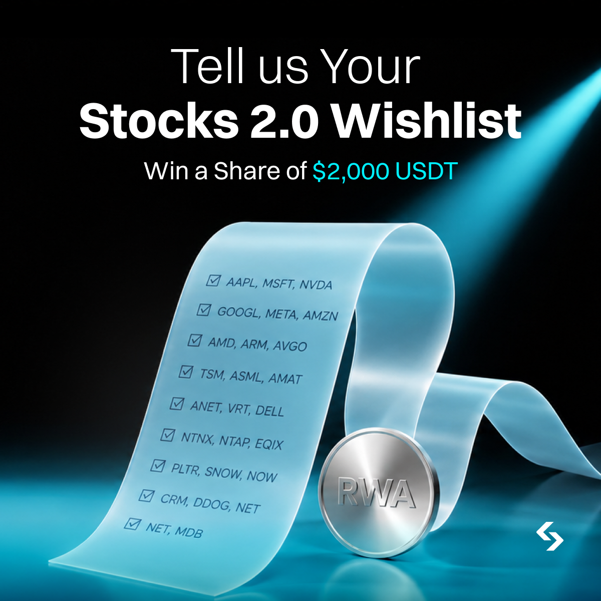 Bitget Stocks 2.0 Wishlist — Tell us Your Stocks 2.0 Wishlist, glass scroll with stock tickers and RWA coin