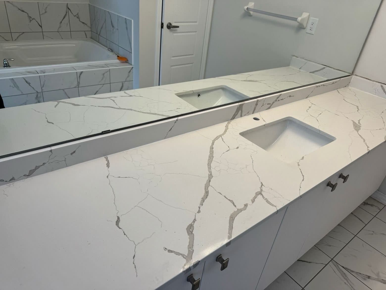 Bathroom vanity with marble-look quartz