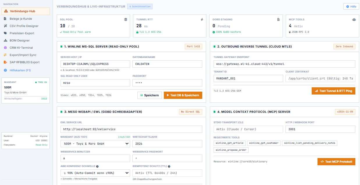 WL-KI-Enterprise Pro Verbindungs-Hub mit SQL-Pool, mTLS-Tunnel, EWL WebAPI und MCP Server