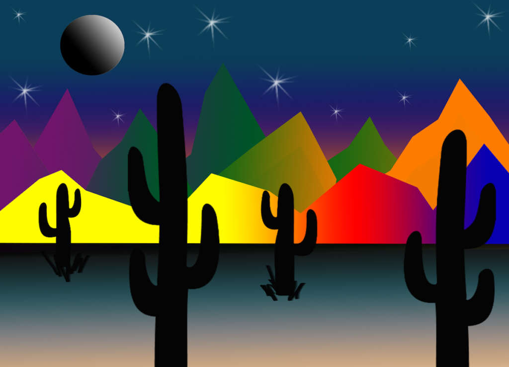 Desert landscape with colorful gradient mountains in vibrant colors and cactus silhouettes