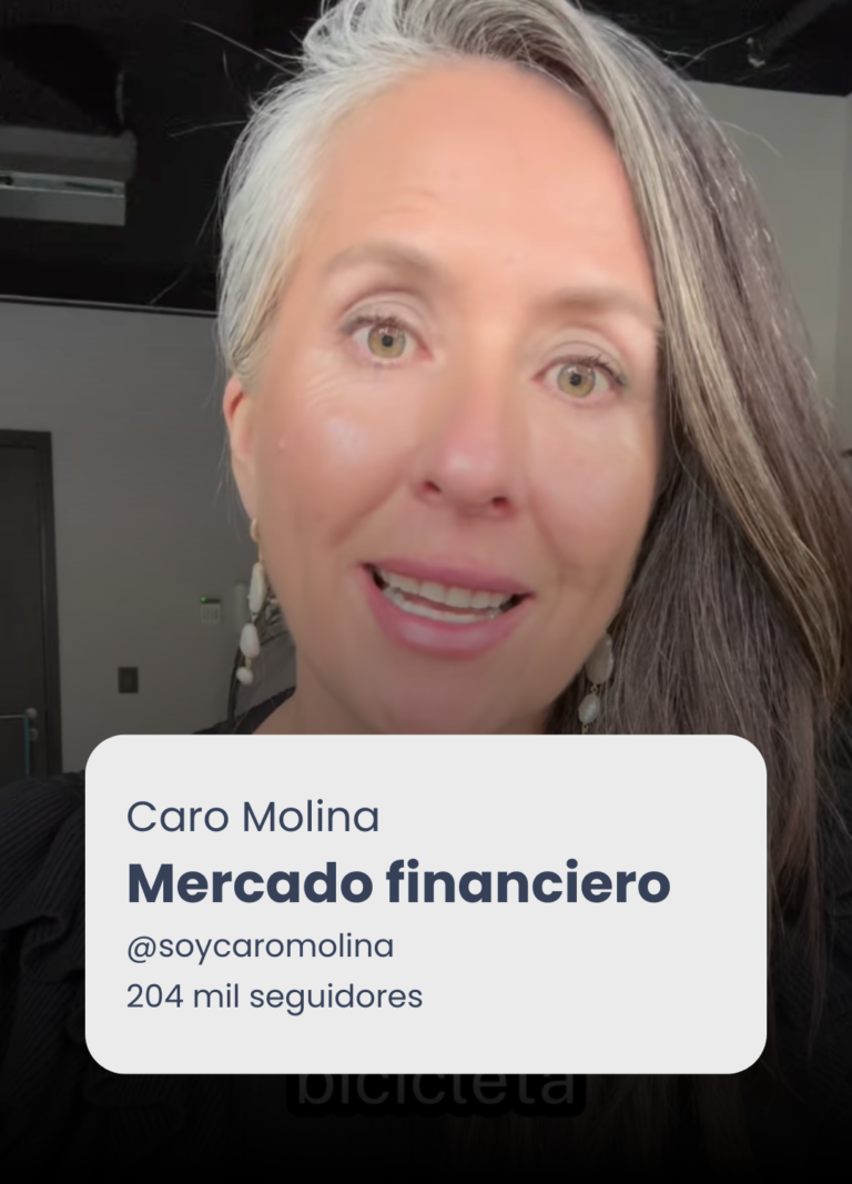 Presentación de Caro Molina sobre el mercado financiero, con retrato y datos de su perfil.