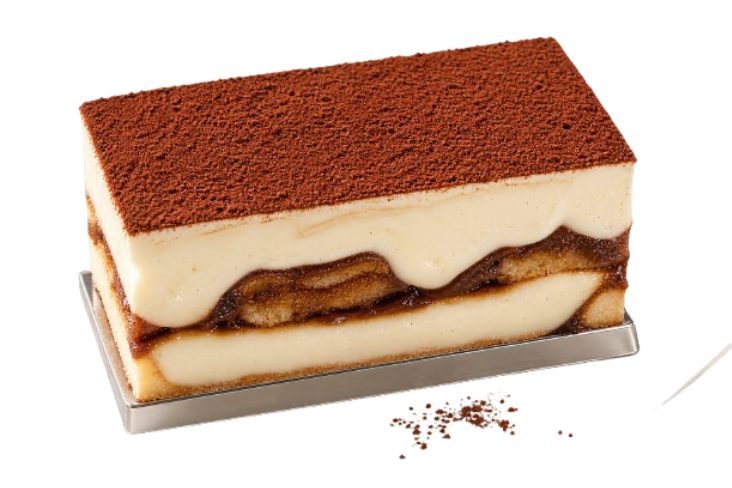 Classic tiramisu slice dusted with cocoa