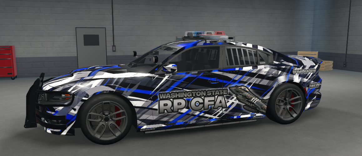 Washington State RP CFA Dodge Charger with blue, white, and black geometric camo staff livery
