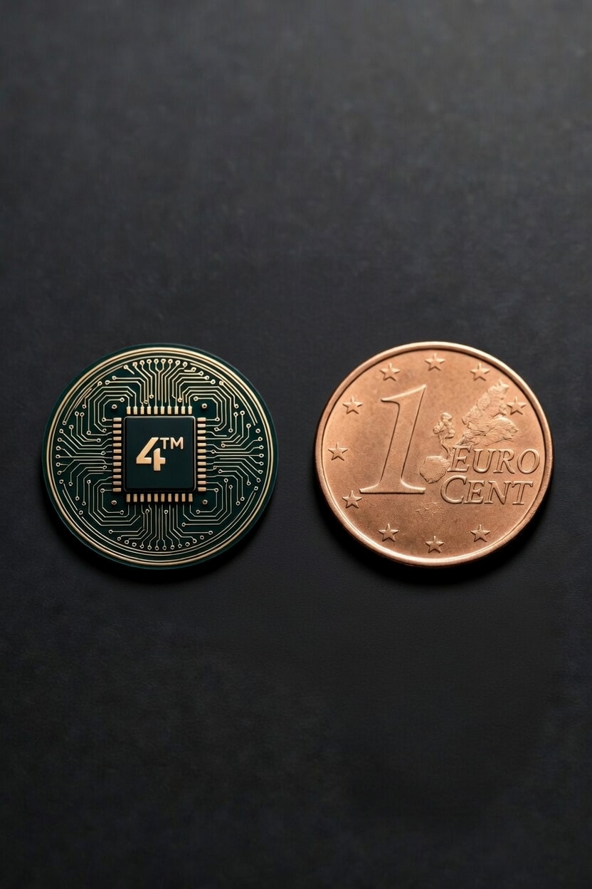 4tuneMusic AI chip next to 1 Euro cent coin for size comparison