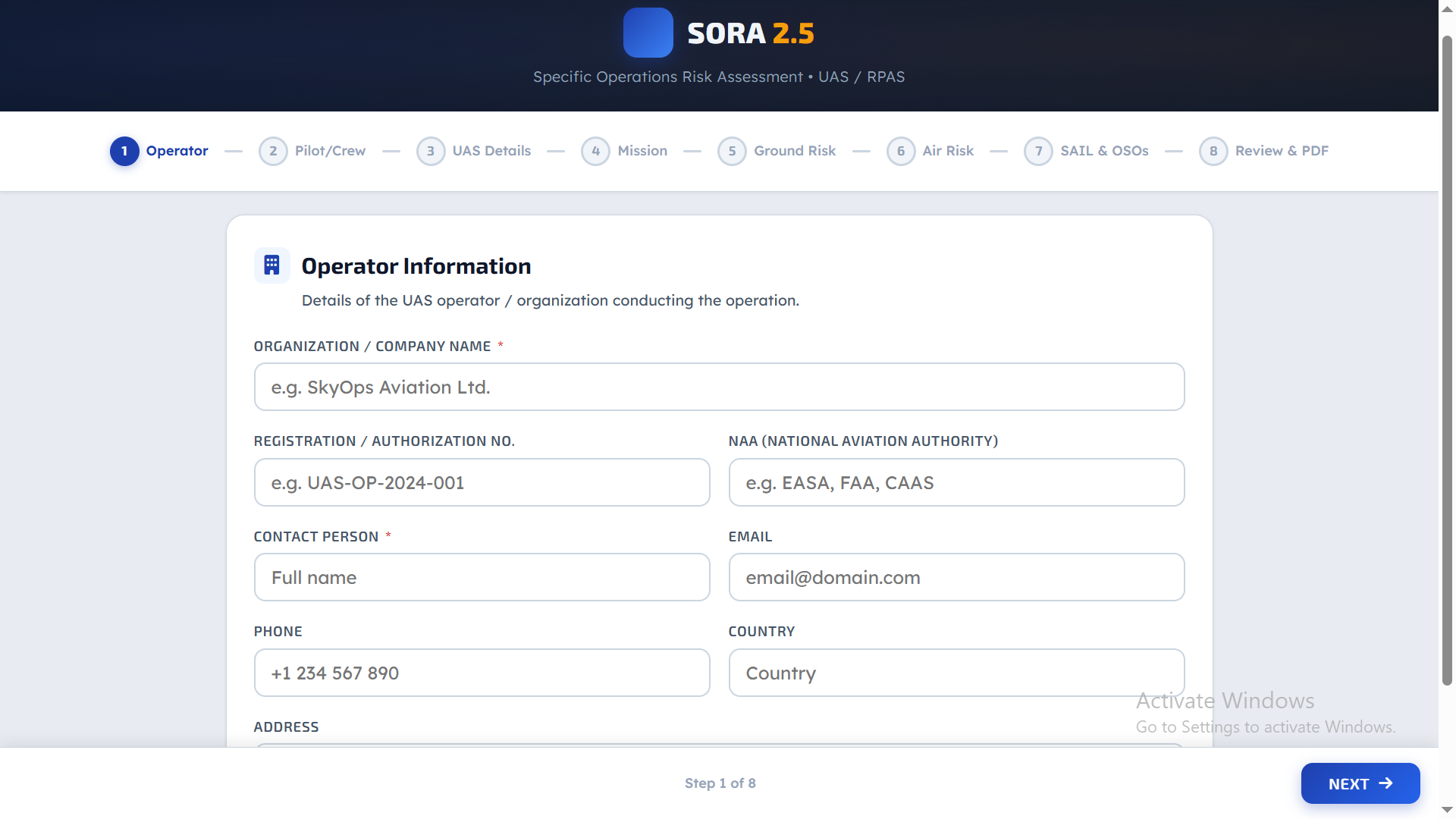 SORA 2.5 operator information and UAS risk assessment platform interface