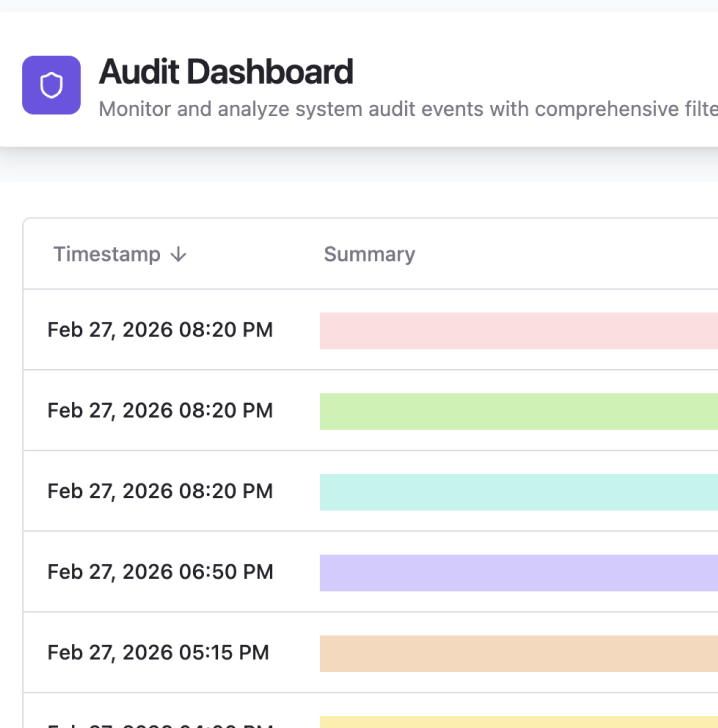 Audit dashboard showing timestamped control events with status indicators