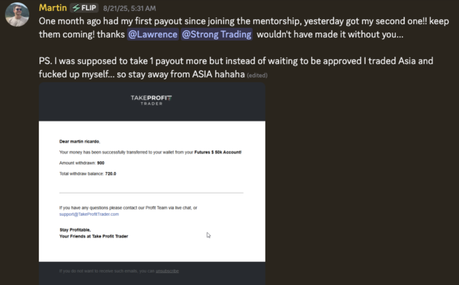 Martin — second payout, TakeProfitTrader $900 withdrawal