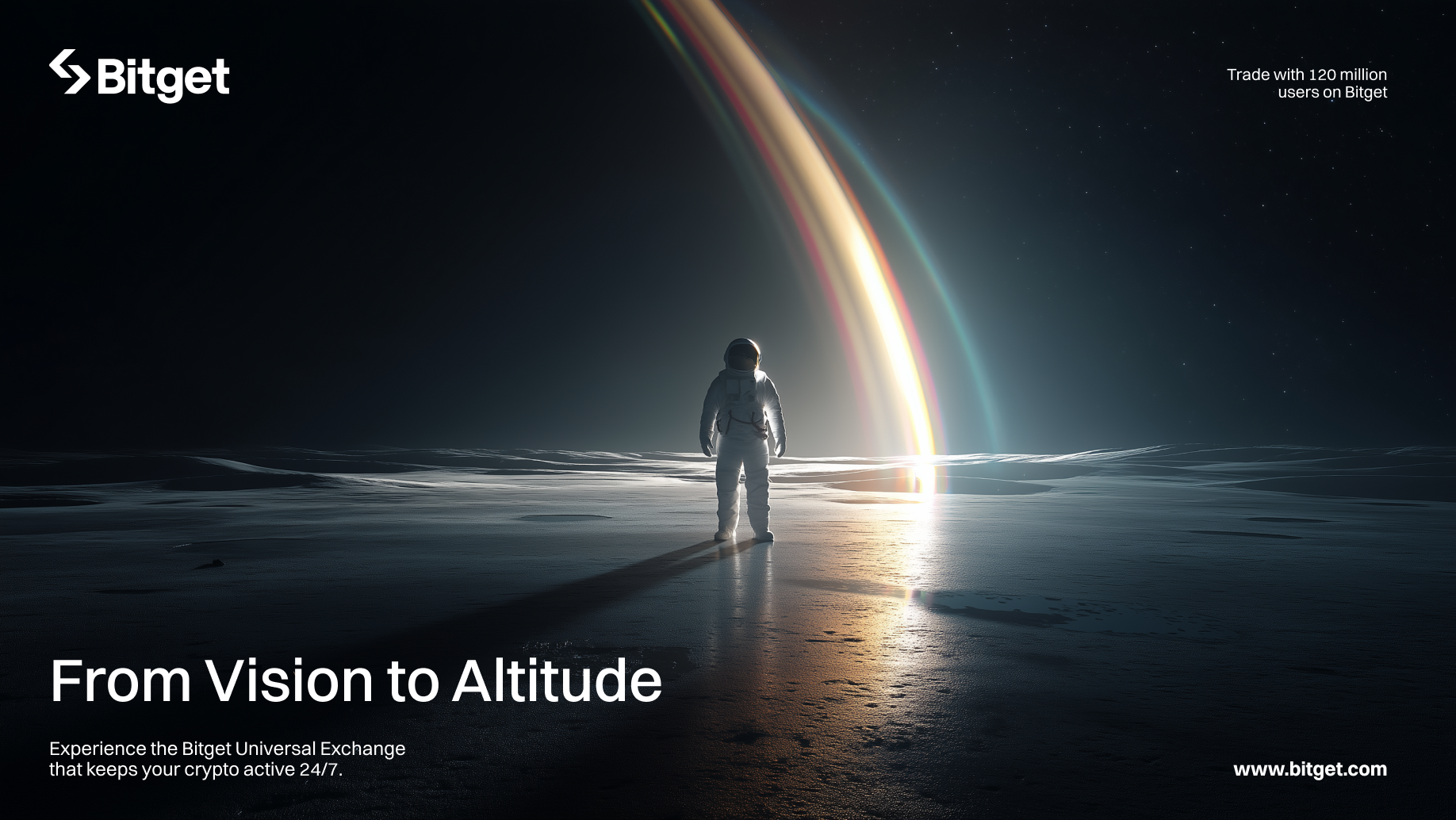 From Vision to Altitude — Bitget UEX campaign, astronaut on icy surface facing a rainbow light beam