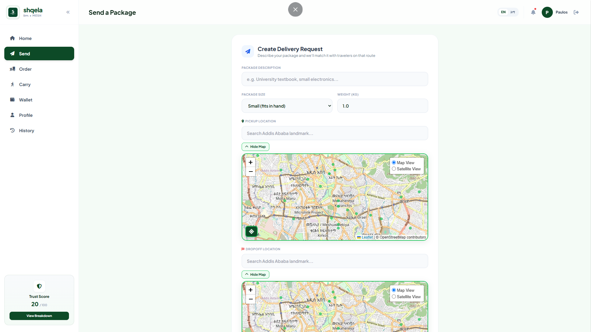 Sheqela package delivery request dashboard with Addis Ababa map