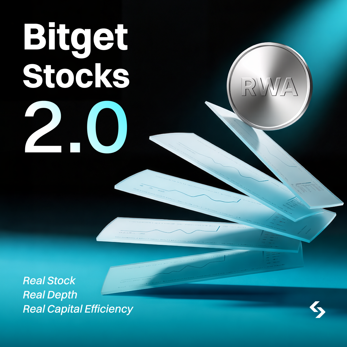 Bitget Stocks 2.0 — Real Stock Real Depth Real Capital Efficiency, fanned glass chart sheets with RWA coin