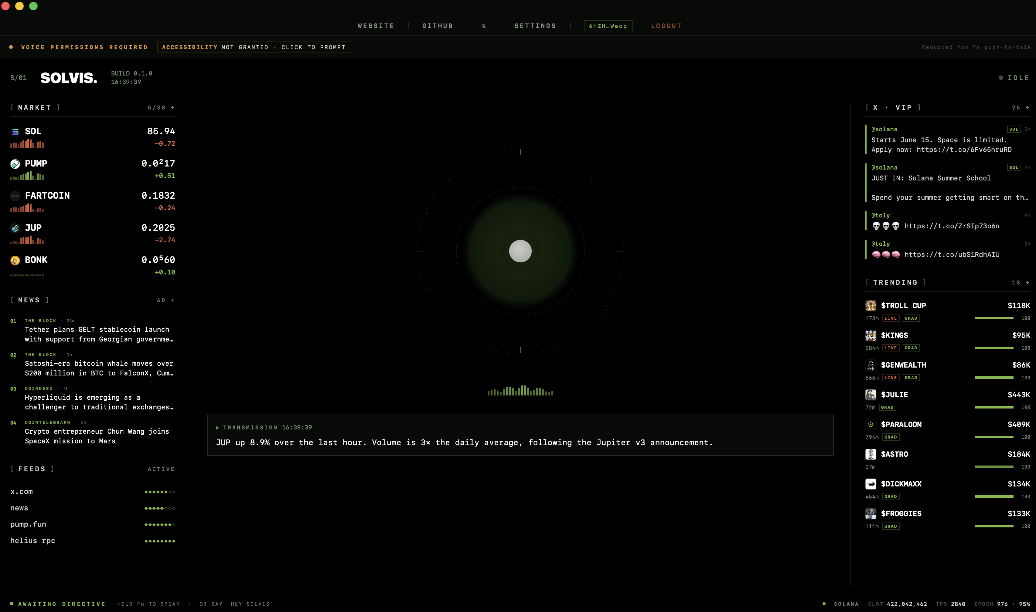 SOLVIS Dashboard showing market data, news feeds, trending tokens, and AI transmission interface