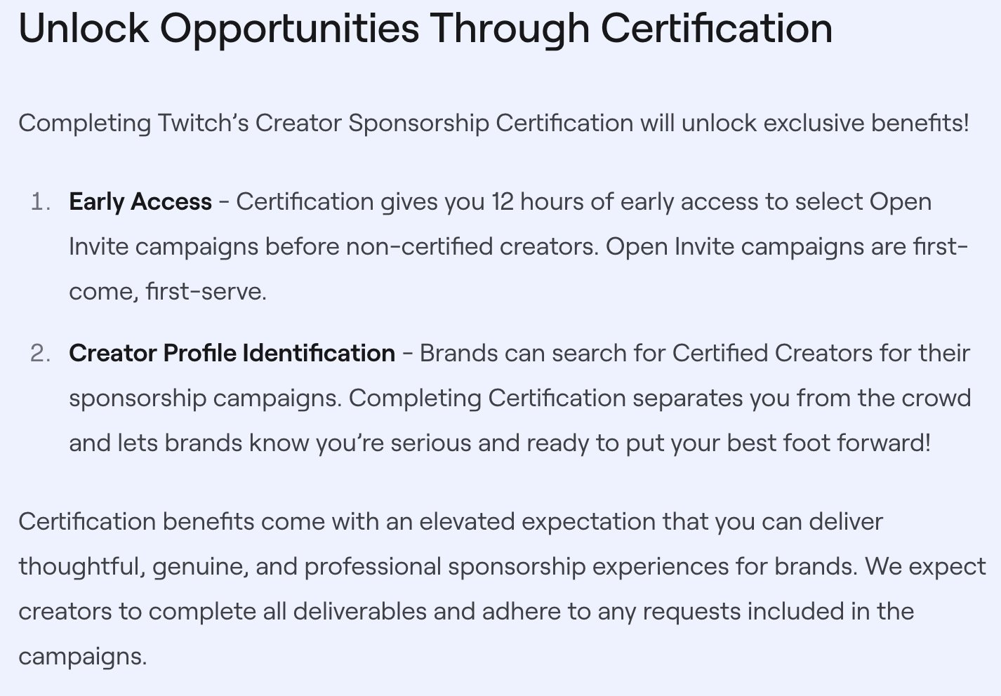 Twitch Creator Camp certification page: Early Access (12 hours) and Creator Profile Identification benefits listed