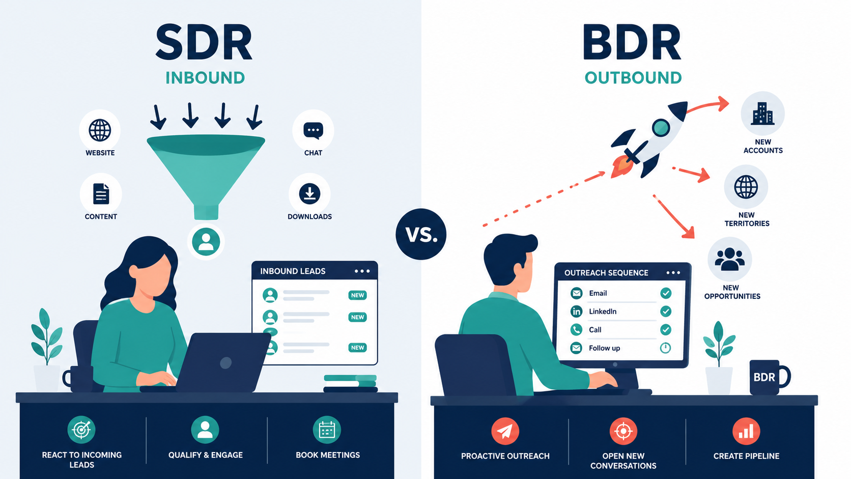 SDR vs BDR roles comparison — left panel shows SDR (inbound): funnel with website, content, chat, downloads sources, inbound leads screen, with actions: react to incoming leads, qualify & engage, book meetings. Right panel shows BDR (outbound): rocket launching toward new accounts, new territories, new opportunities, with outreach sequence (email, LinkedIn, call, follow up), and actions: proactive outreach, open new conversations, create pipeline