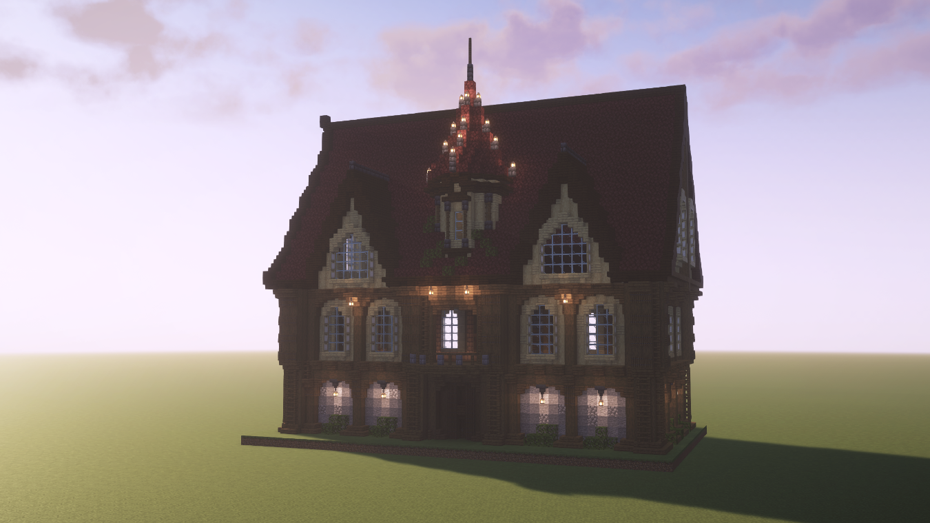 A grand Victorian-style manor with a red roof, spire, and glowing warm windows built on Fracture