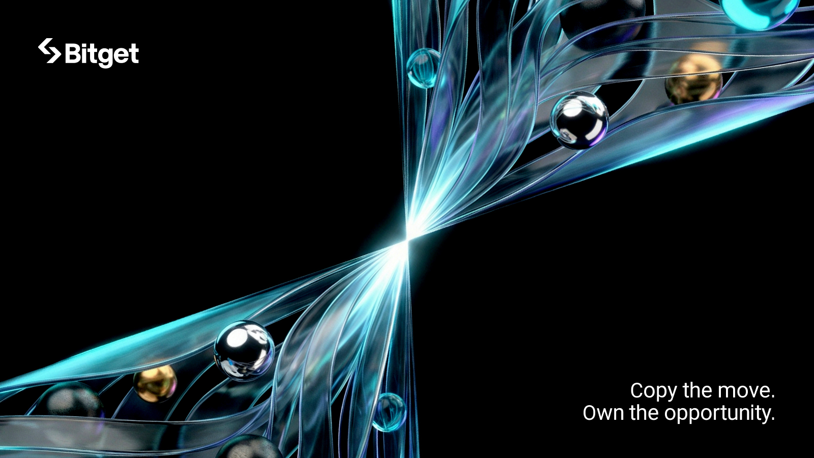 Bitget CFD — abstract teal ribbon strands with gold and chrome spheres, tagline: Copy the move. Own the opportunity.