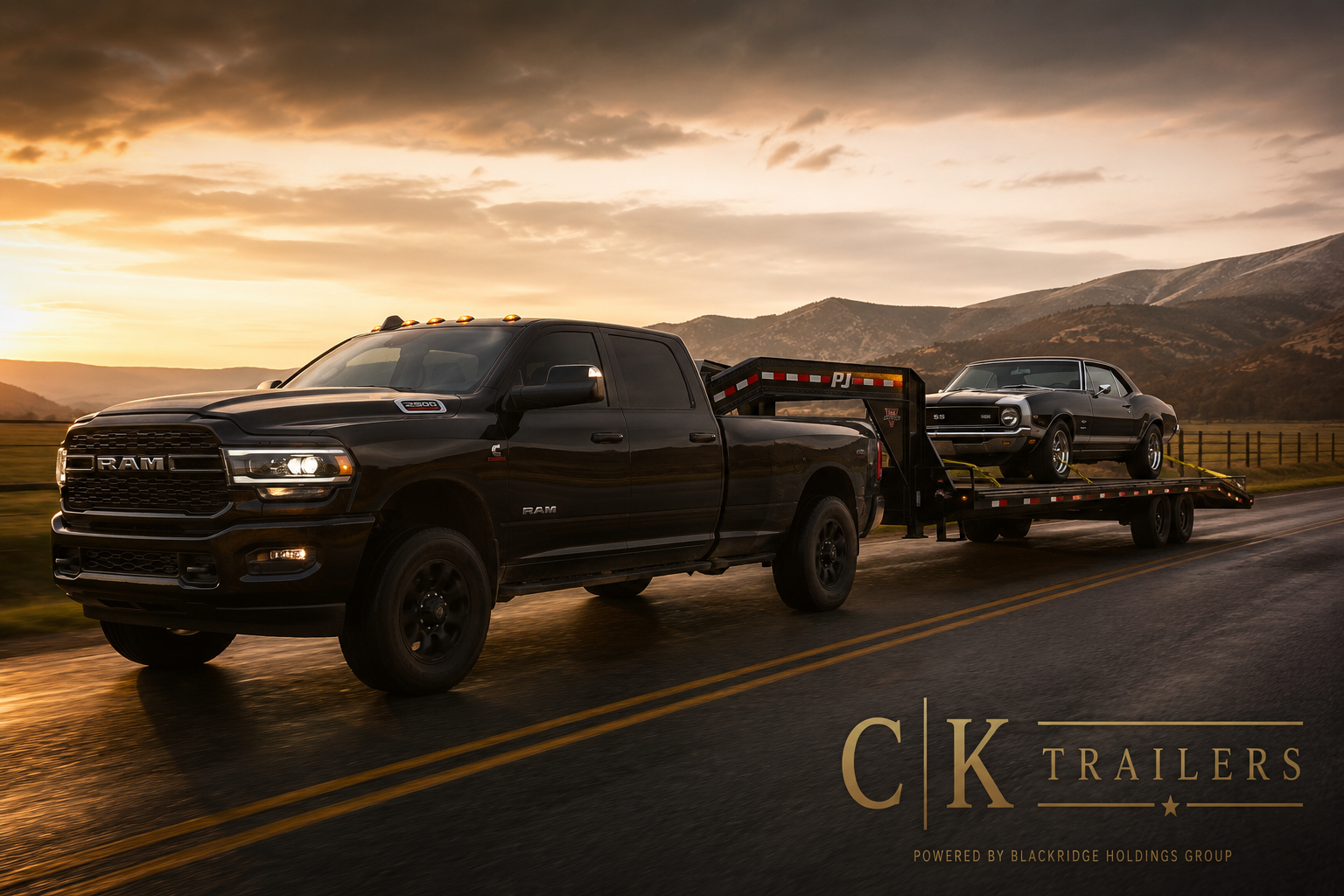 Black Ram 2500 pickup truck towing a PJ gooseneck trailer loaded with a classic black Chevrolet Camaro at sunset