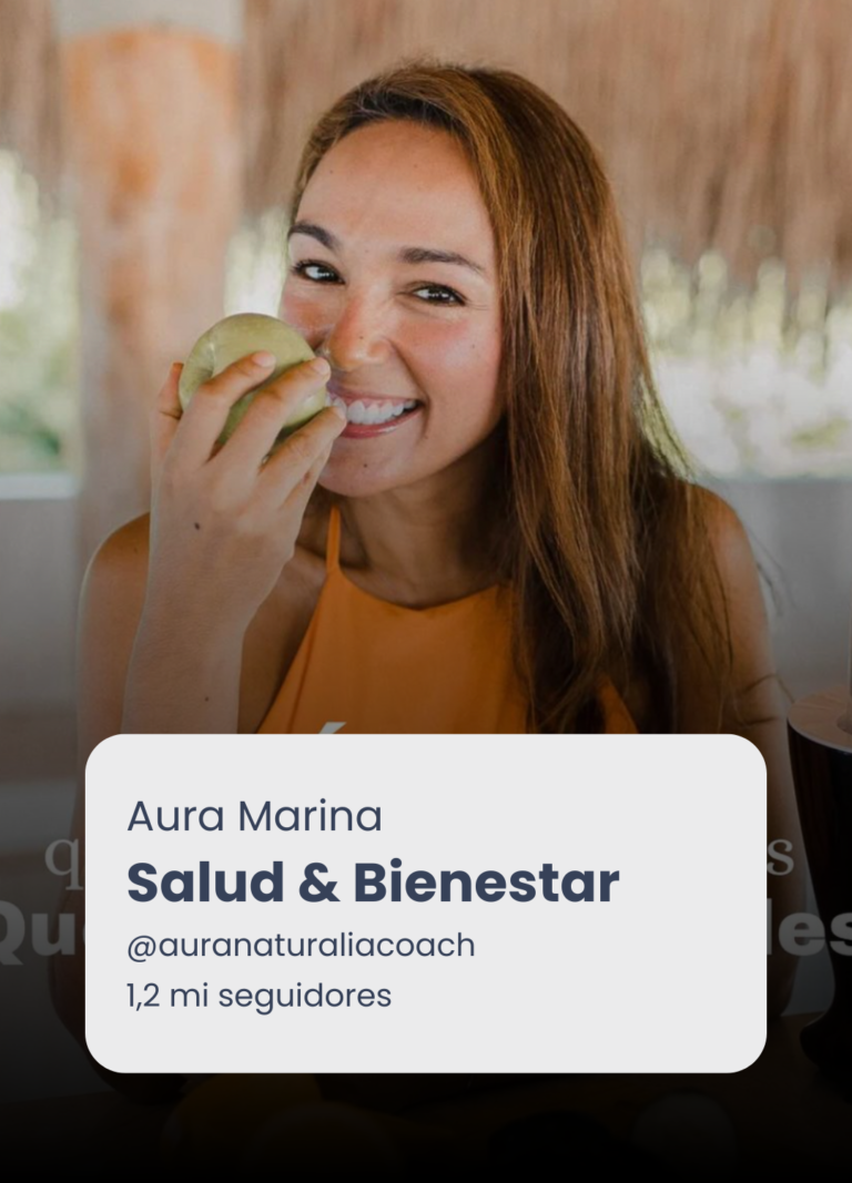 Presentación de Aura Marina sobre salud y bienestar, con retrato y una manzana verde.