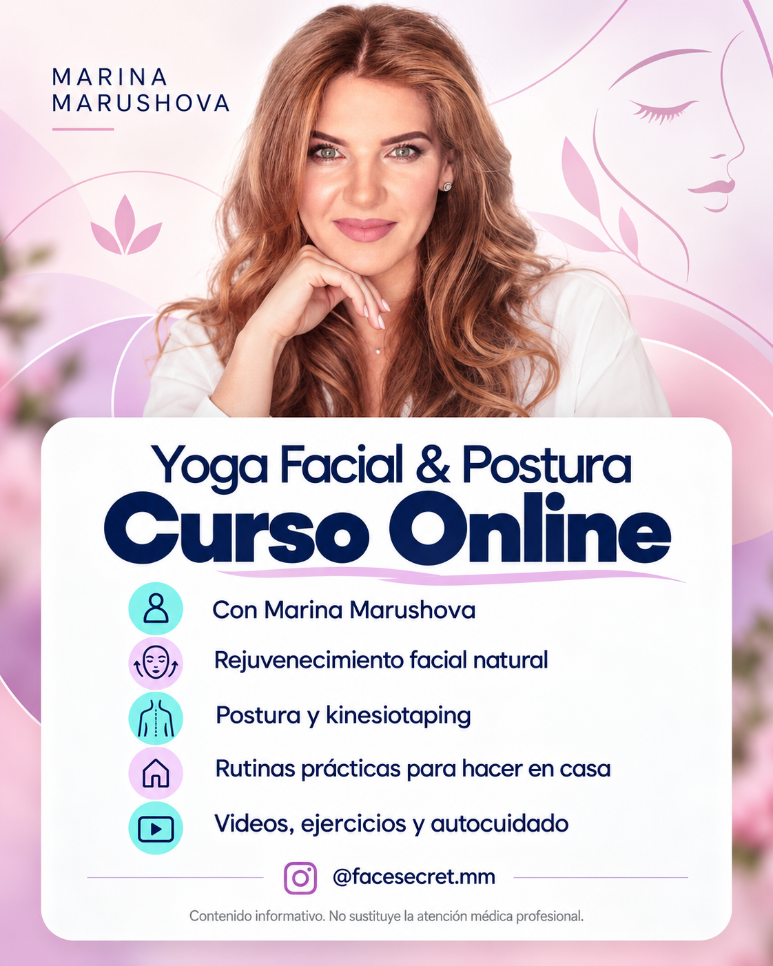 Presentación del curso en línea de yoga facial y postura de Marina Marushova.