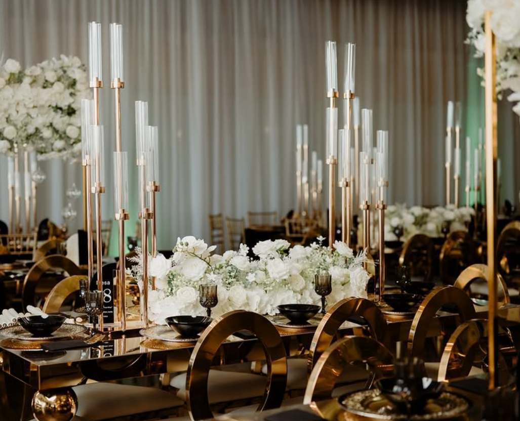 Gold candelabra tablescape in our Pasco event venue