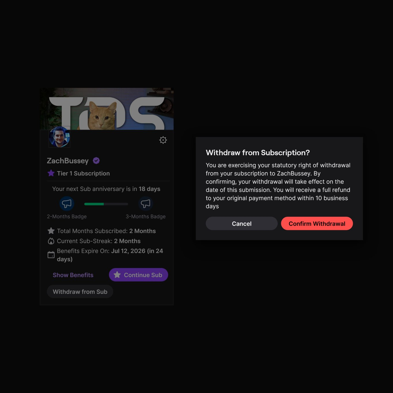 Twitch 'Withdraw from Sub' button on ZachBussey's subscription page (left) and the 'Withdraw from Subscription?' confirmation modal showing 10-business-day refund (right)
