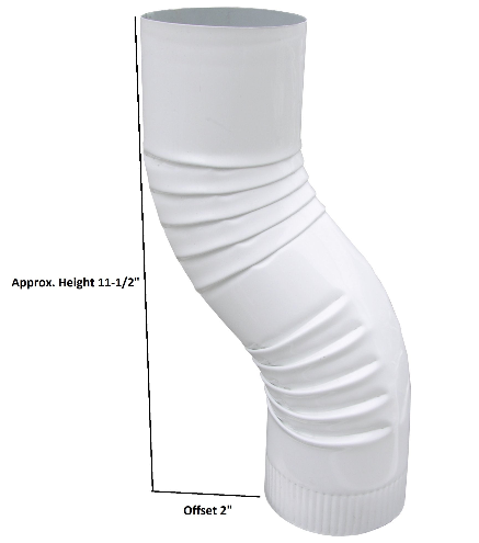 3-inch round corrugated aluminum downspout elbow showing ribbed design with dimensions - 11-1/2 inch height, 2 inch offset
