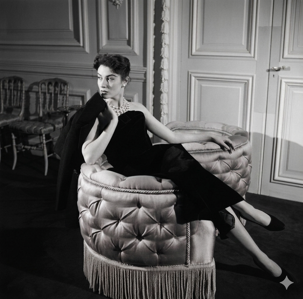 Model in Jacques Fath black dress reclining on a tufted ottoman, Paris, black and white