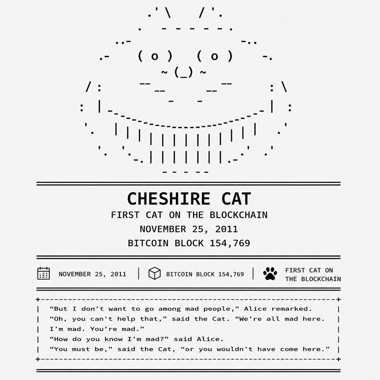 ASCII artwork of the grinning Cheshire Cat with its blockchain date, block number, and Alice in Wonderland quotation