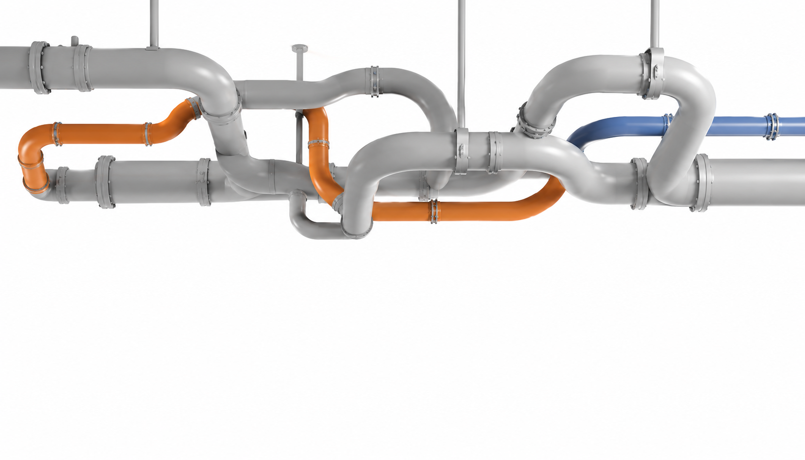 Industrial pipe network with gray, orange and blue pipes