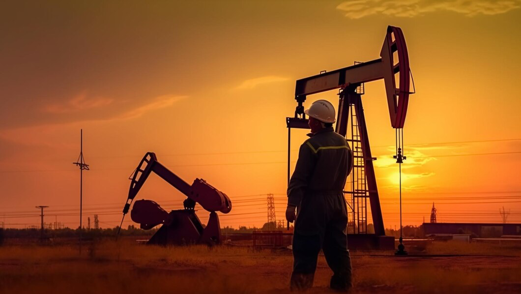 Oil worker silhouetted against pump jacks at sunset