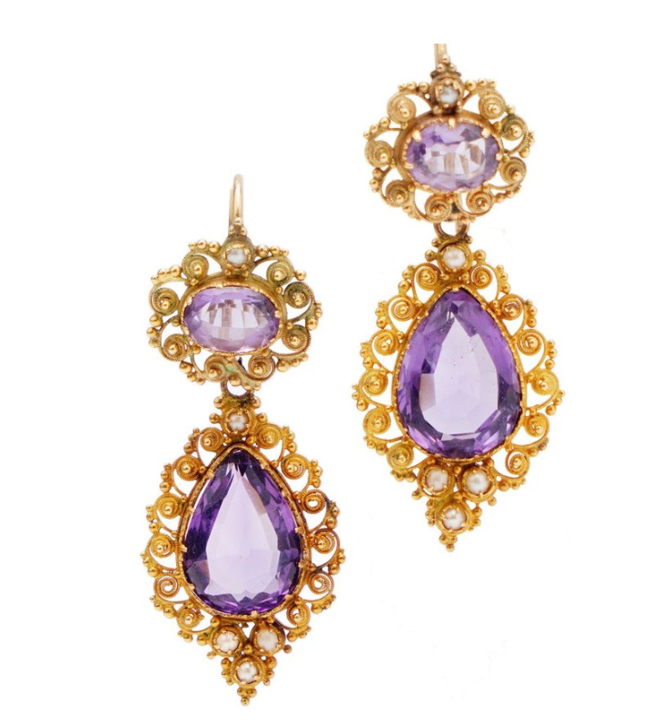 Victorian amethyst and pearl drop earrings featuring ornate gold cannetille work, circa 1870