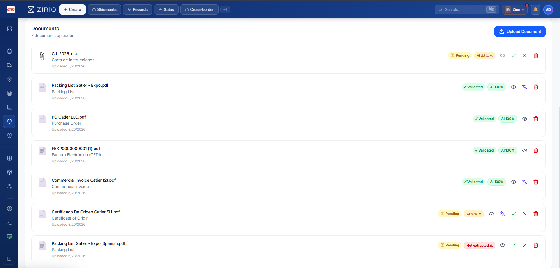 Documents validation interface showing uploaded files with AI validation status