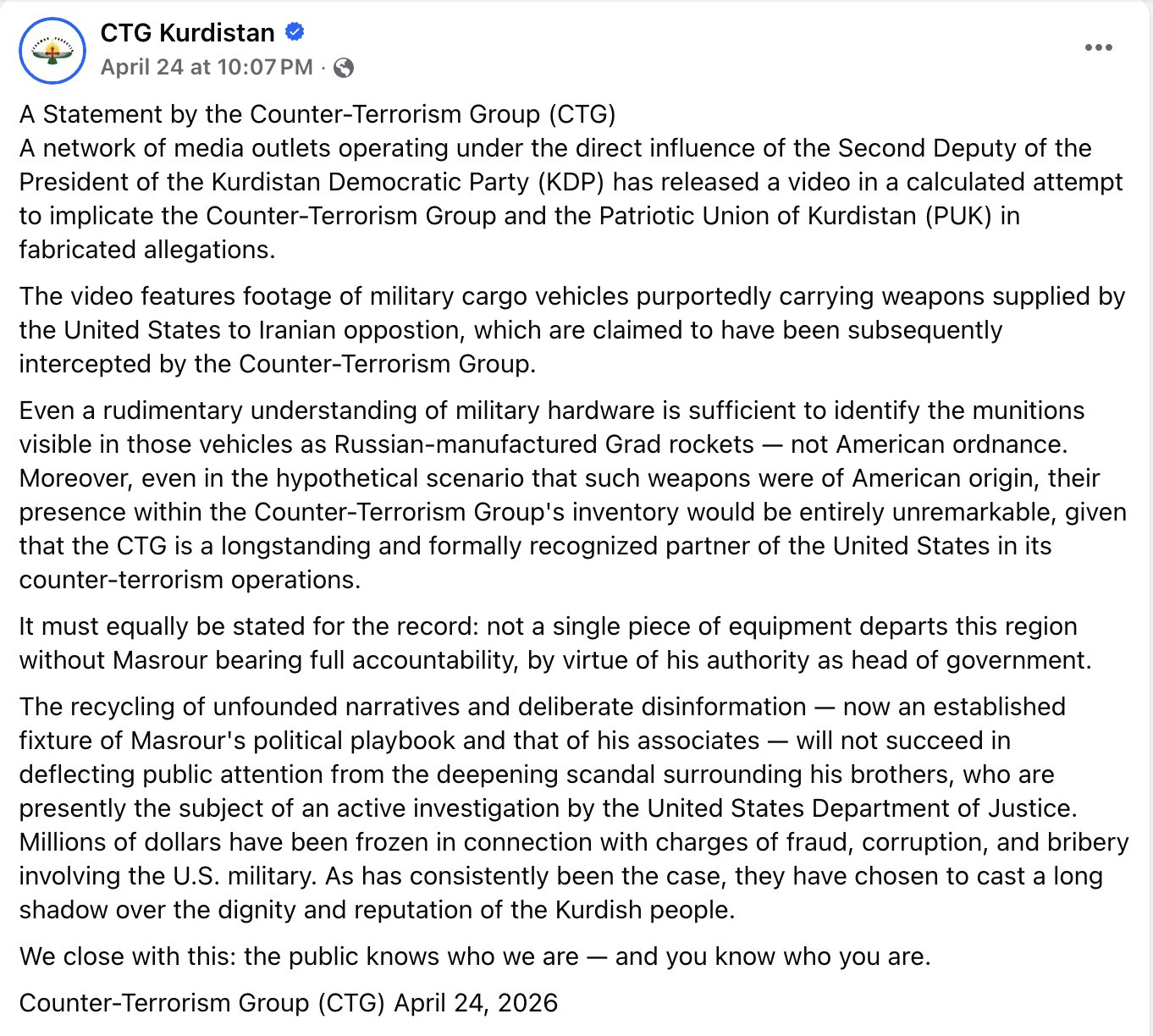 CTG Kurdistan statement on weapons diversion allegations