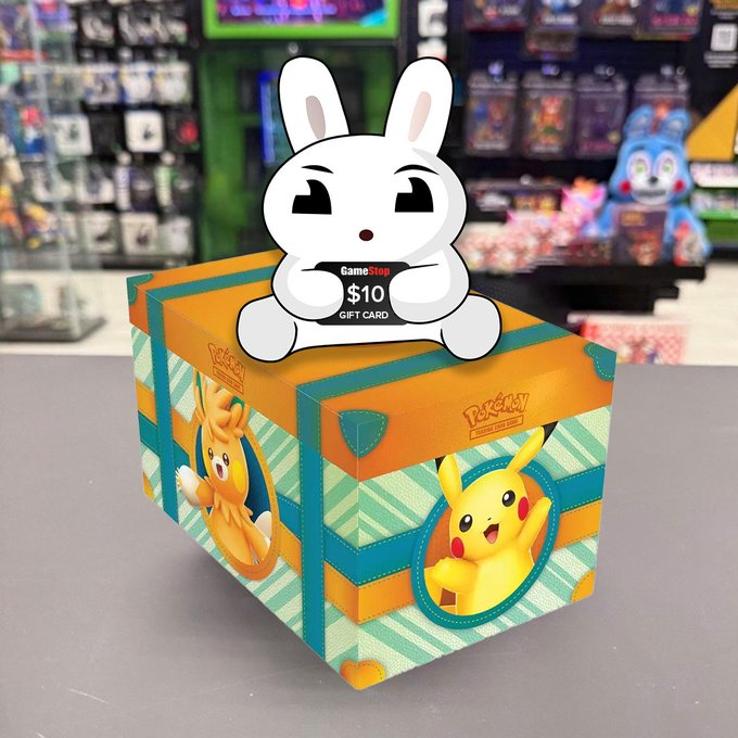 Buck the Bunny sitting on a colorful Pokémon gift card box