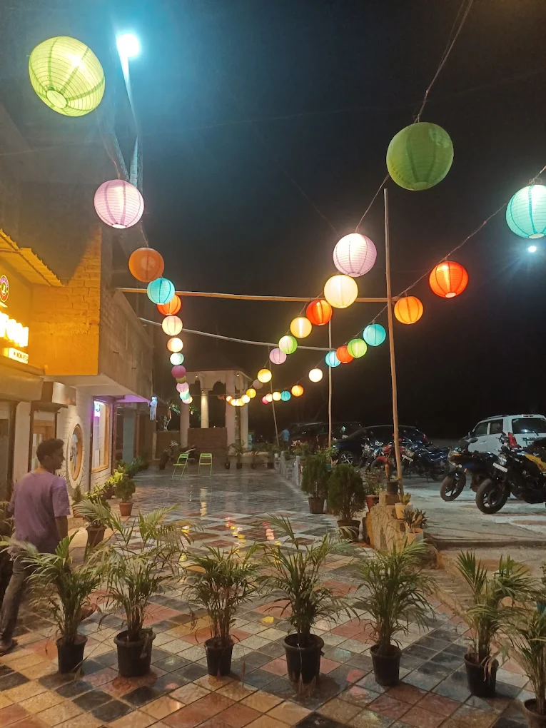 Colorful lanterns outdoor seating area