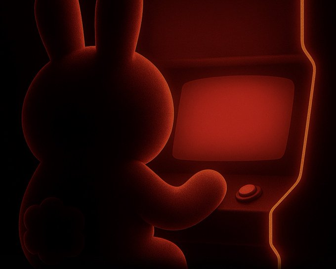 Dark red silhouette of Buck the Bunny at an arcade cabinet