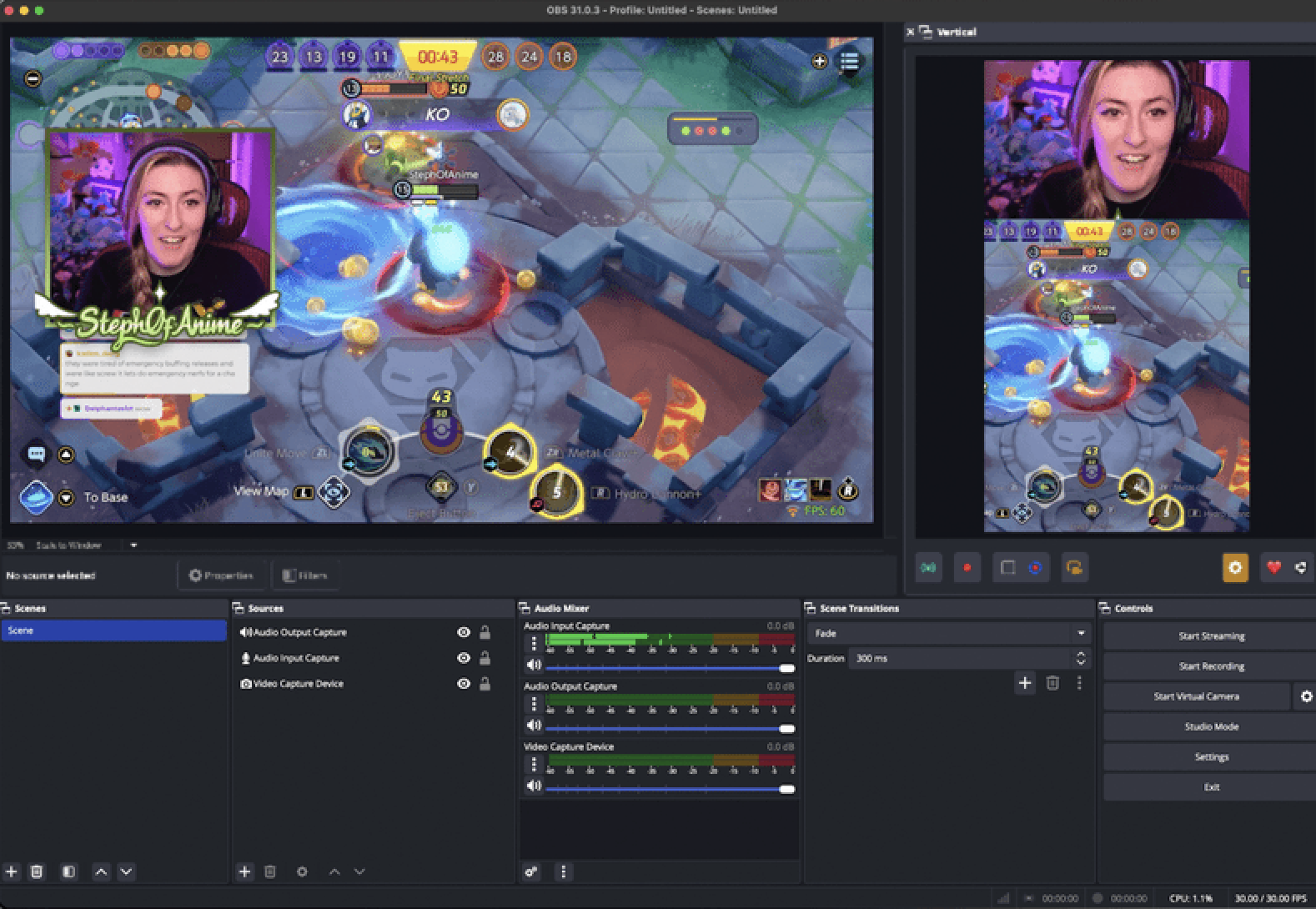 OBS Studio 31 showing a horizontal main canvas and a separate vertical 9:16 preview window side by side — dual-format streaming setup
