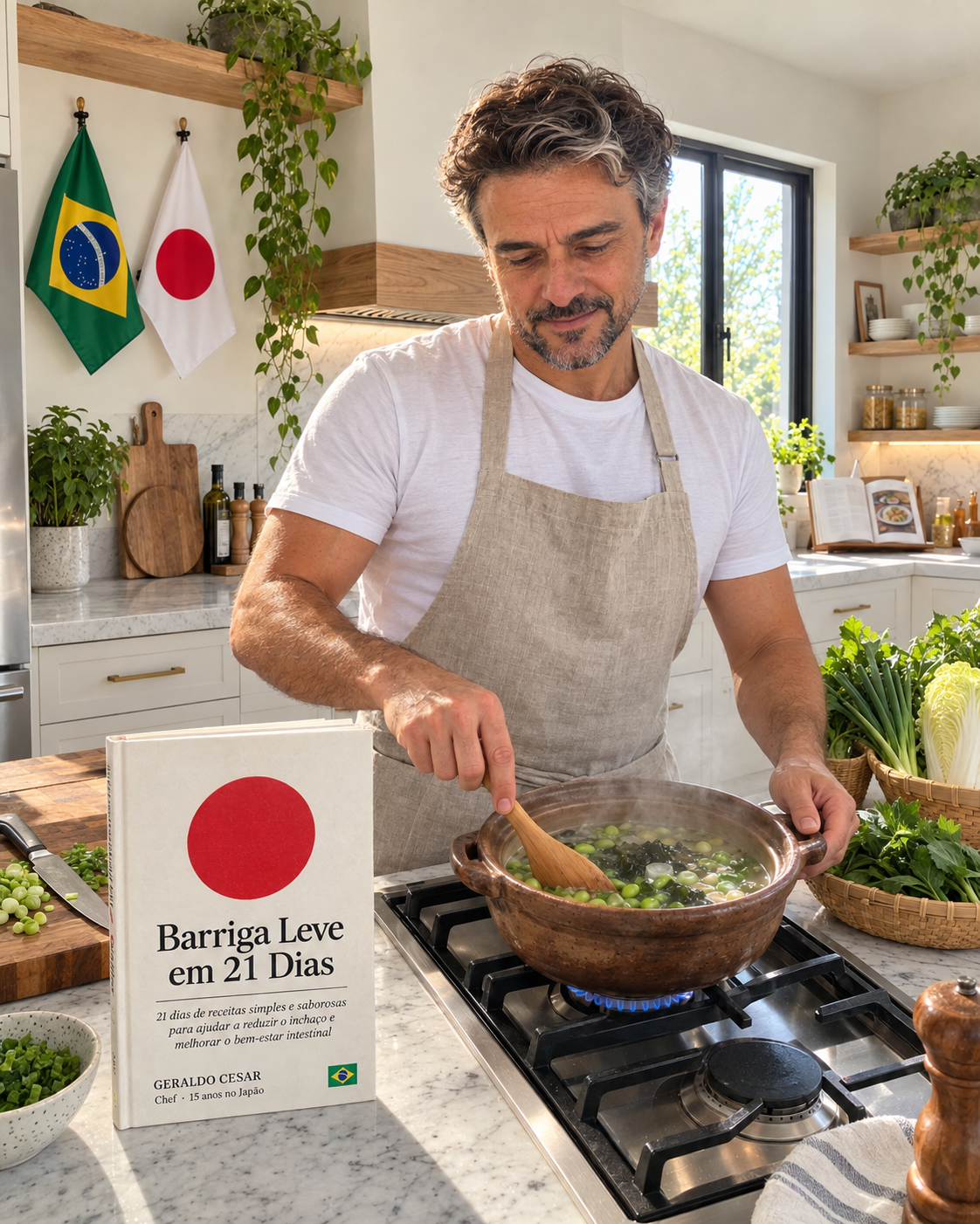 Geraldo César cozinhando uma receita do livro Barriga Leve em 21 Dias