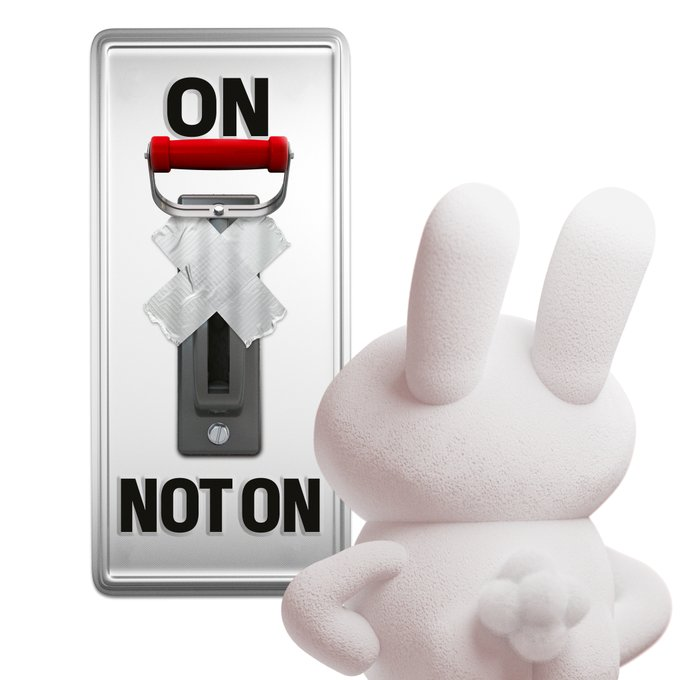 Buck the Bunny beside an ON and NOT ON switch