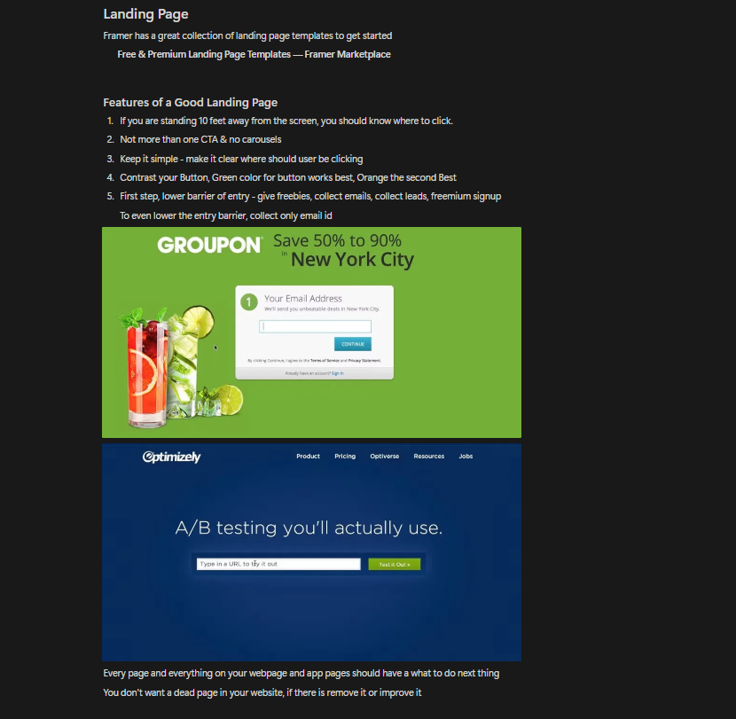 Landing page examples showing Groupon and Optimizely interfaces