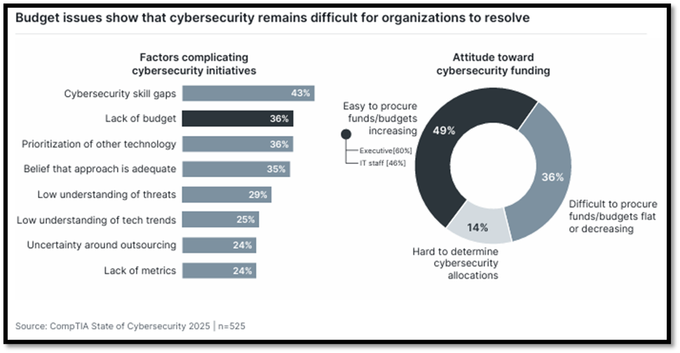 Budget issues showing cybersecurity skill gaps at 43% and funding attitudes with 49% finding it easy to procure funds