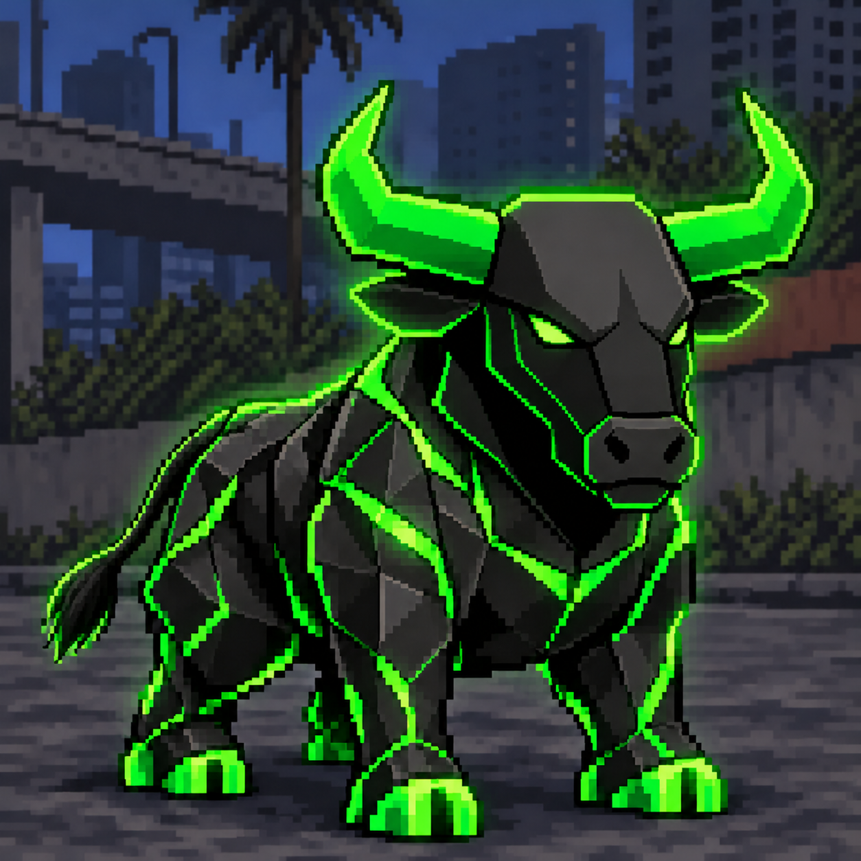 Pixel-art black bull with glowing green horns standing in a city street