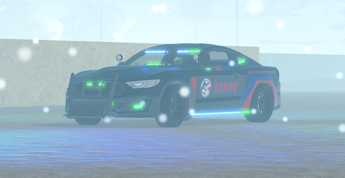 New York State Roleplay Staff Mustang with navy, red and blue STAFF livery - front view, snowy scene