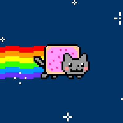 The original Nyan Cat: a gray pixel cat with a pink pastry body and rainbow trail flying through a starry blue sky