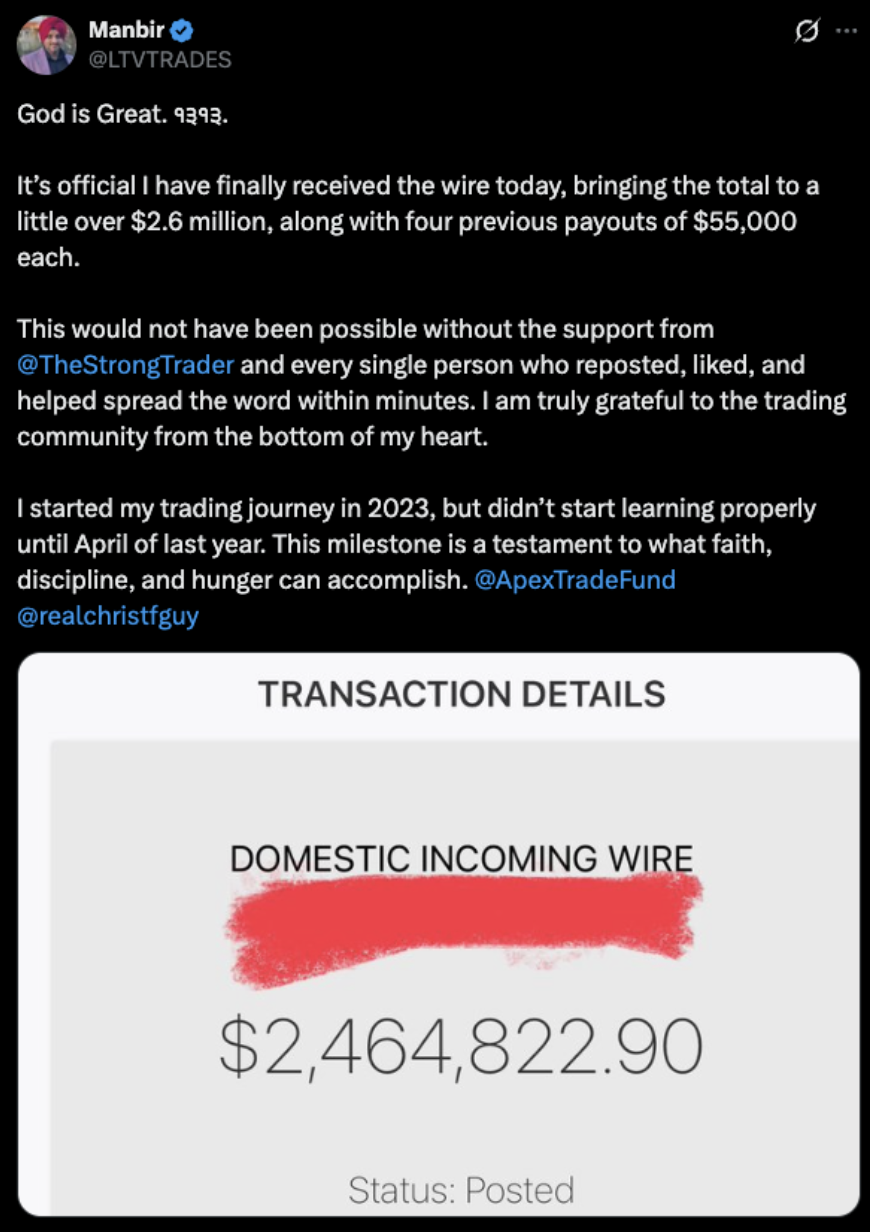 Manbir — $2,464,822.90 domestic incoming wire via @TheStrongTrader