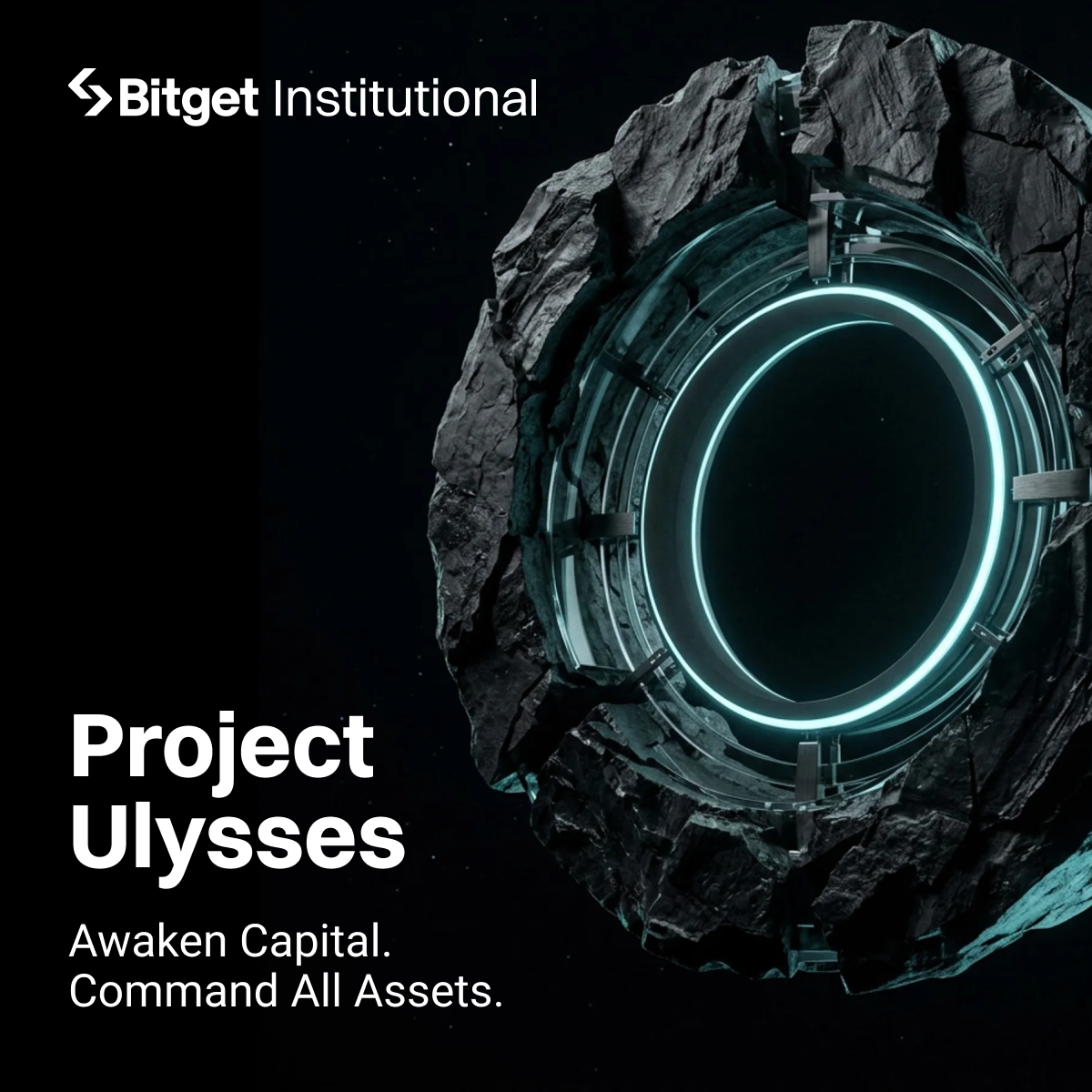 Project Ulysses — Bitget Institutional, rocky asteroid with glowing teal portal ring, Awaken Capital, Command All Assets