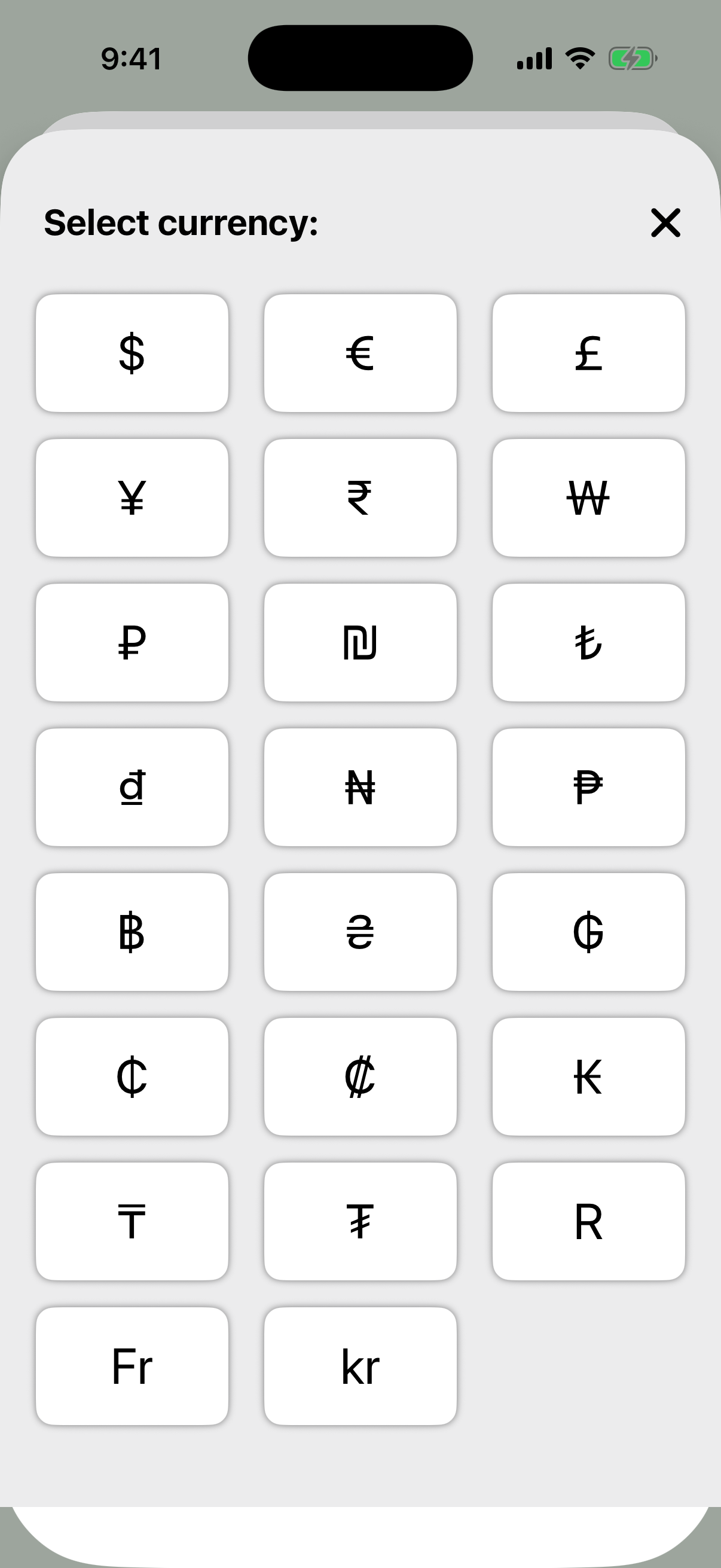 Currency selector showing dozens of supported currency symbols from around the world