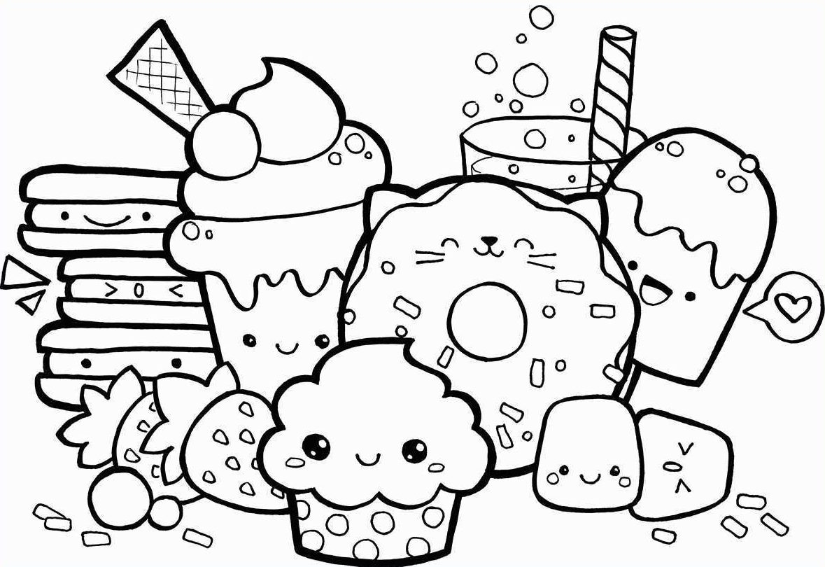 Kawaii style colouring page with cute desserts including cupcakes, donuts, pancakes, ice cream and drinks